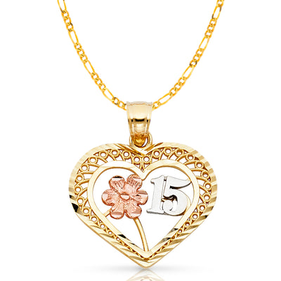 14K Gold Quinceanera Heart Pendant with 2.3mm Figaro 3+1 Chain