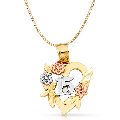 14K Gold Quinceanera Heart Pendant with 2.3mm Hollow Cuban Chain