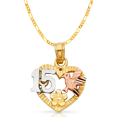 14K Gold Quinceanera Heart Pendant with 2.3mm Figaro 3+1 Chain