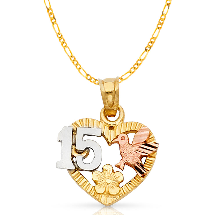 14K Gold Quinceanera Heart Pendant with 2.3mm Figaro 3+1 Chain