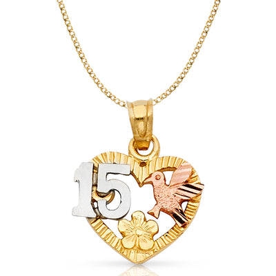 14K Gold Quinceanera Heart Pendant with 2.3mm Hollow Cuban Chain