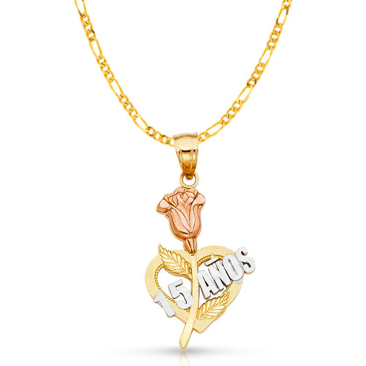 14K Gold Quinceanera Heart Pendant with 2.3mm Figaro 3+1 Chain