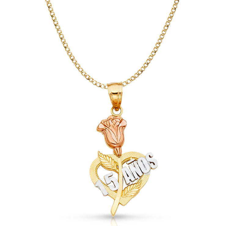 14K Gold Quinceanera Heart Pendant with 2.3mm Hollow Cuban Chain