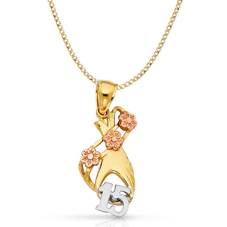 14K Gold Quinceanera Heart Pendant with 2.3mm Hollow Cuban Chain