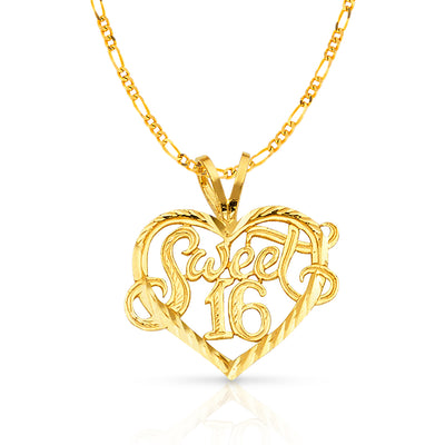 14K Gold 16 Years Heart Charm Pendant with 2mm Figaro 3+1 Chain Necklace