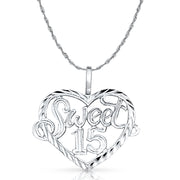 14K Gold Quinceanera Heart Pendant with 1.5mm Rope Chain