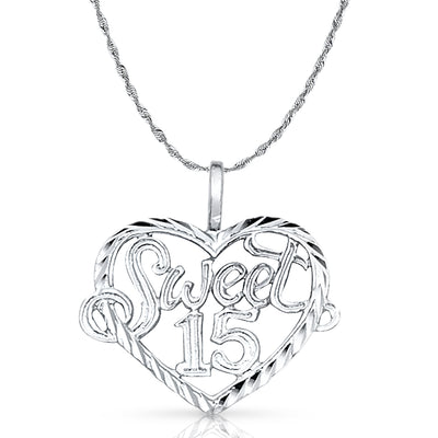 14K Gold Quinceanera Heart Pendant with 1.5mm Rope Chain