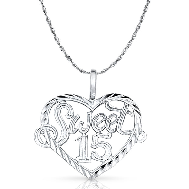 14K Gold Quinceanera Heart Pendant with 1.5mm Rope Chain