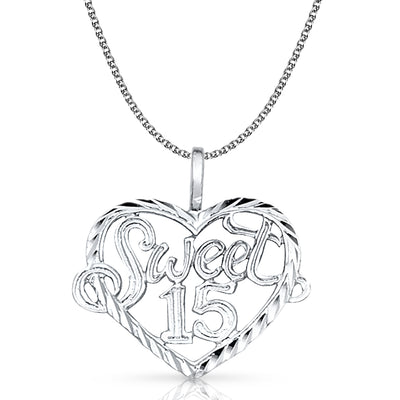 14K Gold Quinceanera Heart Pendant with 1.3mm Flat Open Wheat Chain