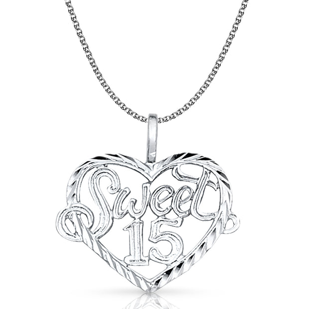 14K Gold Quinceanera Heart Pendant with 1.3mm Flat Open Wheat Chain