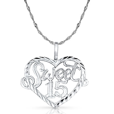 14K Gold Quinceanera Heart Pendant with 0.9mm Singapore Chain