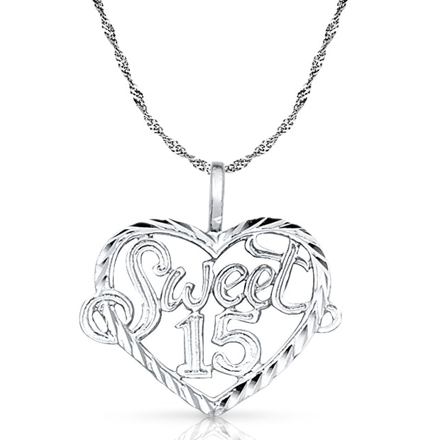 14K Gold Quinceanera Heart Pendant with 0.9mm Singapore Chain