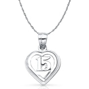 14K Gold Quinceanera Heart Pendant with 1.5mm Rope Chain
