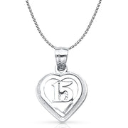 14K Gold Quinceanera Heart Pendant with 1.3mm Flat Open Wheat Chain