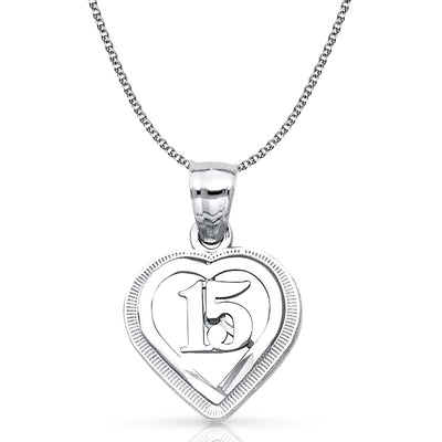 14K Gold Quinceanera Heart Pendant with 1.3mm Flat Open Wheat Chain