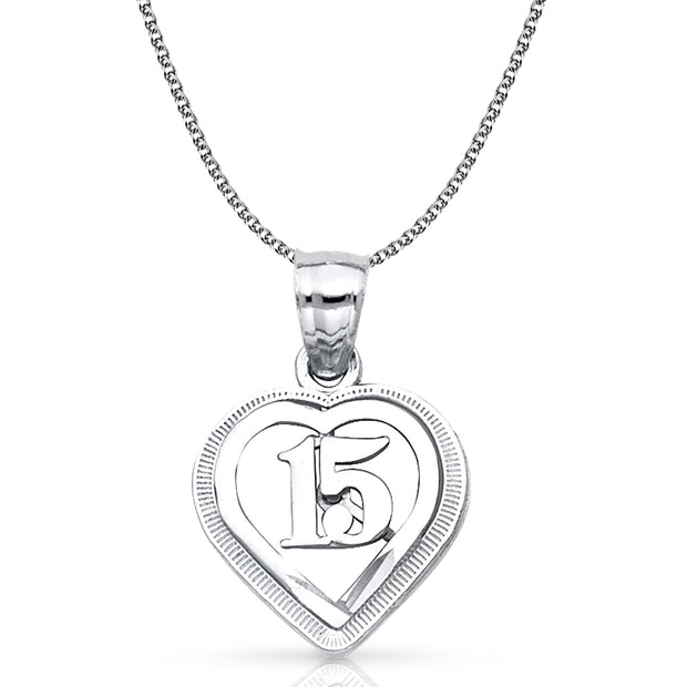 14K Gold Quinceanera Heart Pendant with 1.3mm Flat Open Wheat Chain