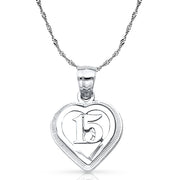 14K Gold Quinceanera Heart Pendant with 0.9mm Singapore Chain