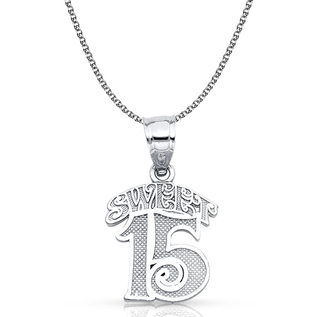 14K Gold Quinceanera Pendant with 1.3mm Flat Open Wheat Chain