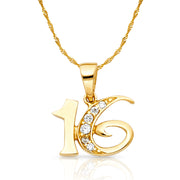 14K Gold CZ 16 Years Charm Pendant with 1.2mm Singapore Chain Necklace