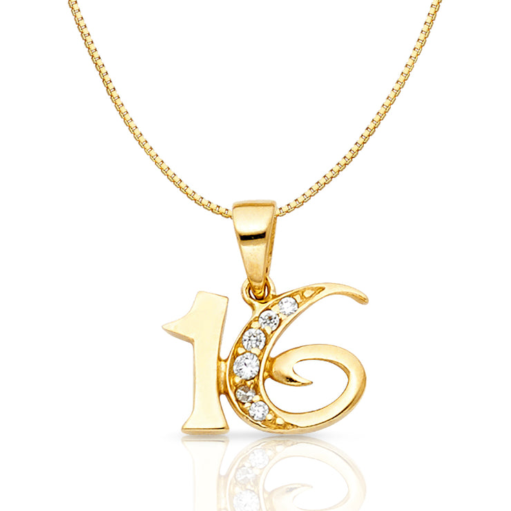 14K Gold CZ 16 Years Charm Pendant with 0.8mm Box Chain Necklace