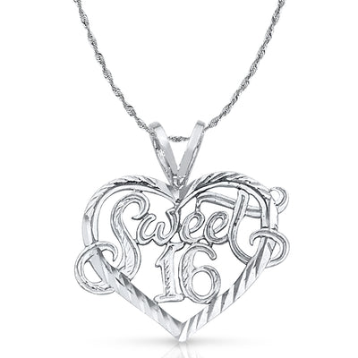 14K Gold 16 Years Heart Pendant with 2mm Rope Chain