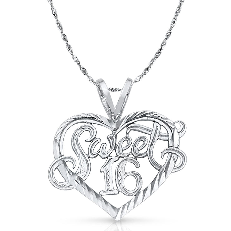 14K Gold 16 Years Heart Pendant with 2mm Rope Chain