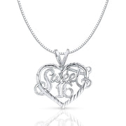14K Gold Sweet 16 Years Heart Charm Pendant with 1mm Box Chain Necklace