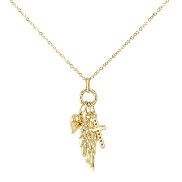 14K Gold Cross Heart & Angel Wing Pendant Charms Chain Necklace - 17+1'