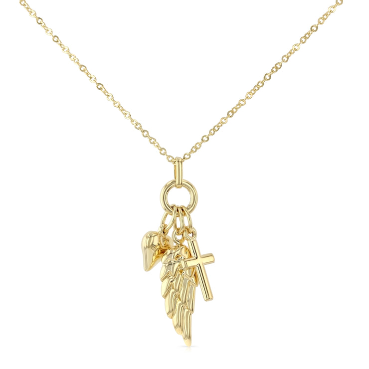 14K Gold Cross Heart & Angel Wing Pendant Charms Chain Necklace - 17+1'