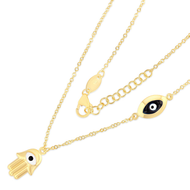 14K Gold Hamsa Hand and Evil Eye Pendant Charm Chain Necklace - 17+1'