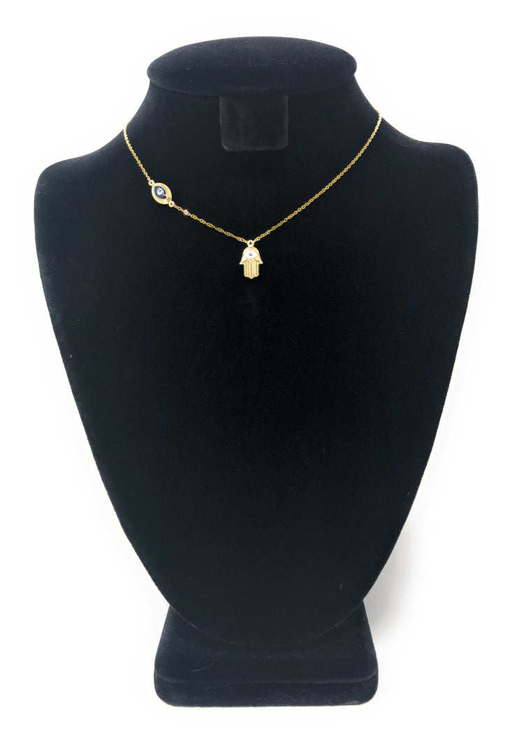 14K Gold Hamsa Hand and Evil Eye Pendant Charm Chain Necklace - 17+1'