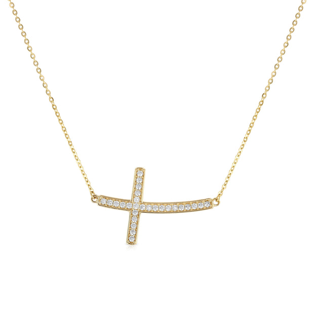 14K Gold Curved Side Way Cross CZ Pendant Charm Chain Necklace - 17+1'