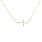 14K Gold Plain Side Way Cross Pendant Charm Chain Necklace - 17+1'