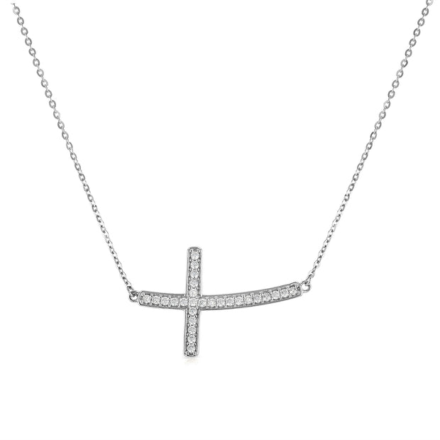14K Gold Curved Side Way Cross CZ Pendant Charm Chain Necklace - 17+1'