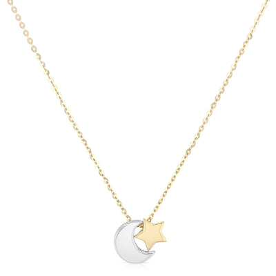 14K Gold Moon and Star Pendant Charm Chain Necklace - 17+1'