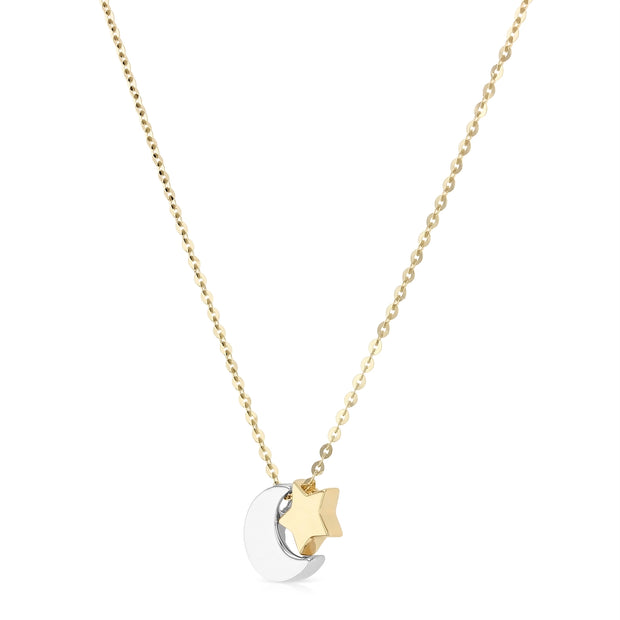 14K Gold Moon and Star Pendant Charm Chain Necklace - 17+1'