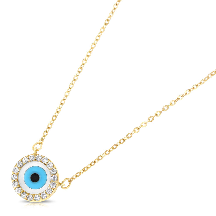 14K Gold Evil Eye CZ Pendant Charm Chain Necklace - 17+1'