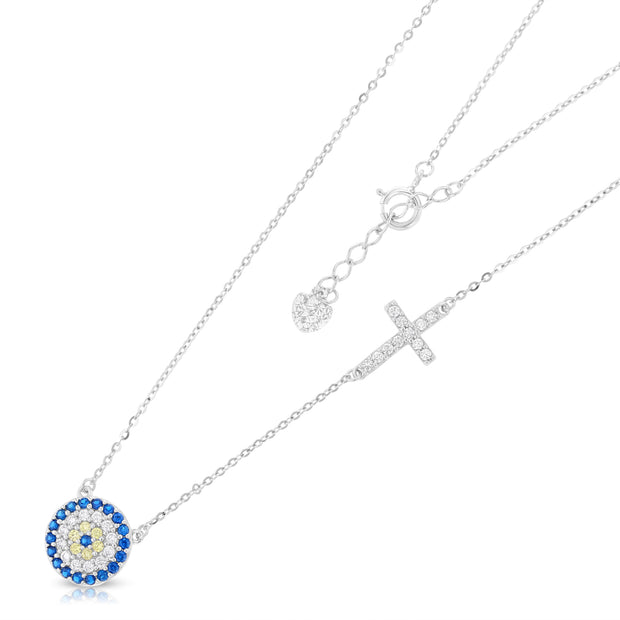 14K Gold Evil Eye Cross CZ Pendant Charm Chain Necklace - 17+1'
