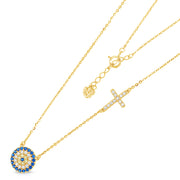 14K Gold Evil Eye Cross CZ Pendant Charm Chain Necklace - 17+1'