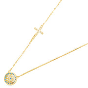 14K Gold Evil Eye Cross CZ Pendant Charm Chain Necklace - 17+1'