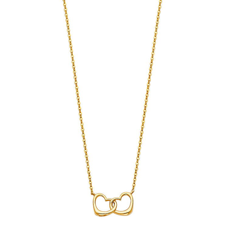 14K Gold Interlocking Double Hearts Pendant Chain Necklace - 17+1'