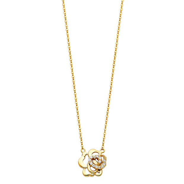 14K Gold Flower Charm CZ Pendant Chain Necklace - 17+1'