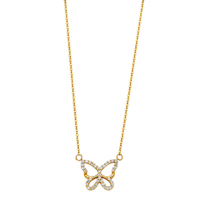 14K Gold Open Butterfly Charm CZ Pendant chain Necklace - 17+1'