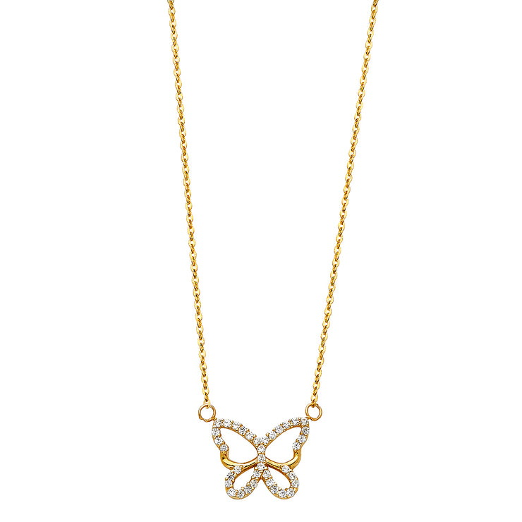 14K Gold Open Butterfly Charm CZ Pendant chain Necklace - 17+1'