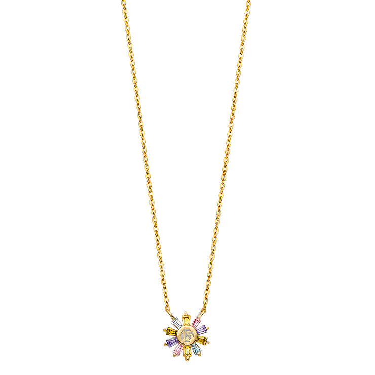 14K Gold Quinceanera Multi-Color CZ Round Necklace - 17+1'