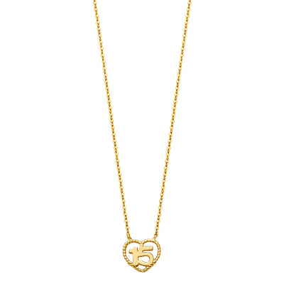 14K Gold Quinceanera Heart Pendant Chain Necklace  - 17+1'