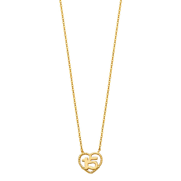 14K Gold Quinceanera Heart Pendant Chain Necklace  - 17+1'