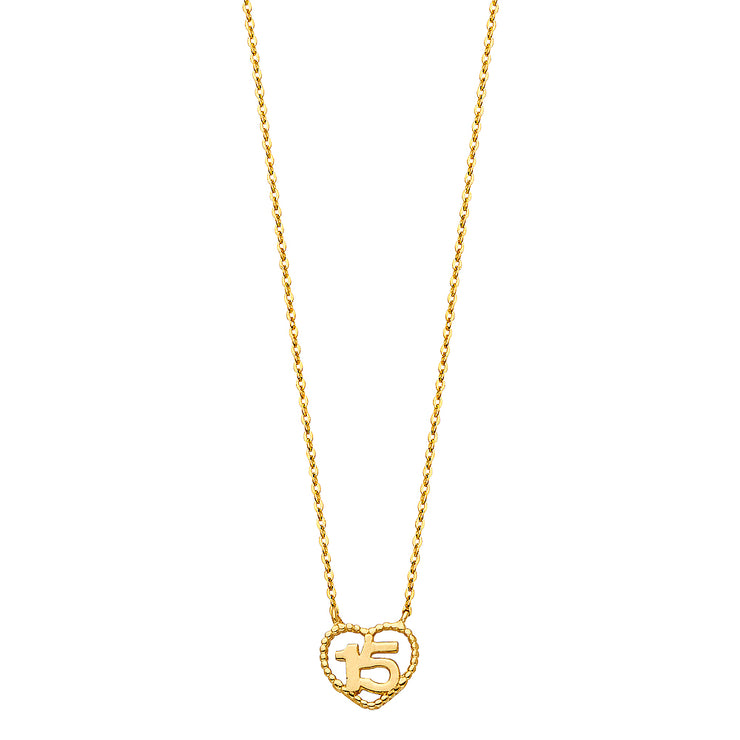 14K Gold Quinceanera Heart Pendant Chain Necklace  - 17+1'