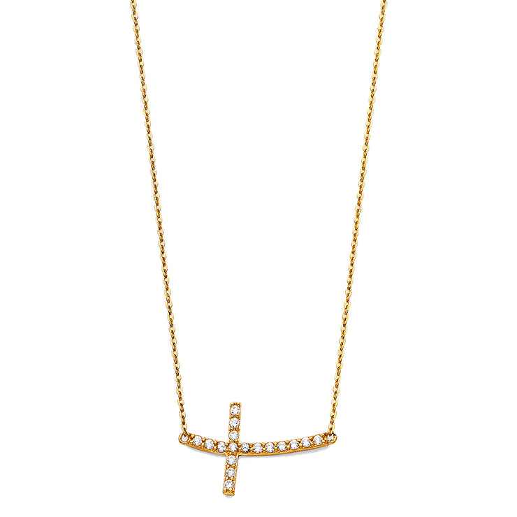 14K Gold Curved Sideways Cross CZ Necklace - 17+1'