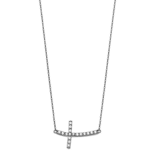 14K Gold Curved Sideways Cross CZ Necklace - 17+1'